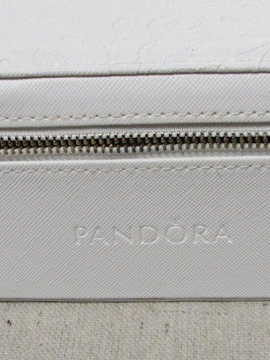 Pandora Other - Pandora White Travel Jewelry Box Embossed Floral Gold Zipper Gray Velvet Lining